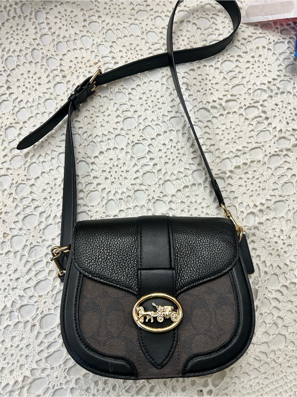 Coach Black Leather & Brown Signature Small Saddle Crossbody Bag